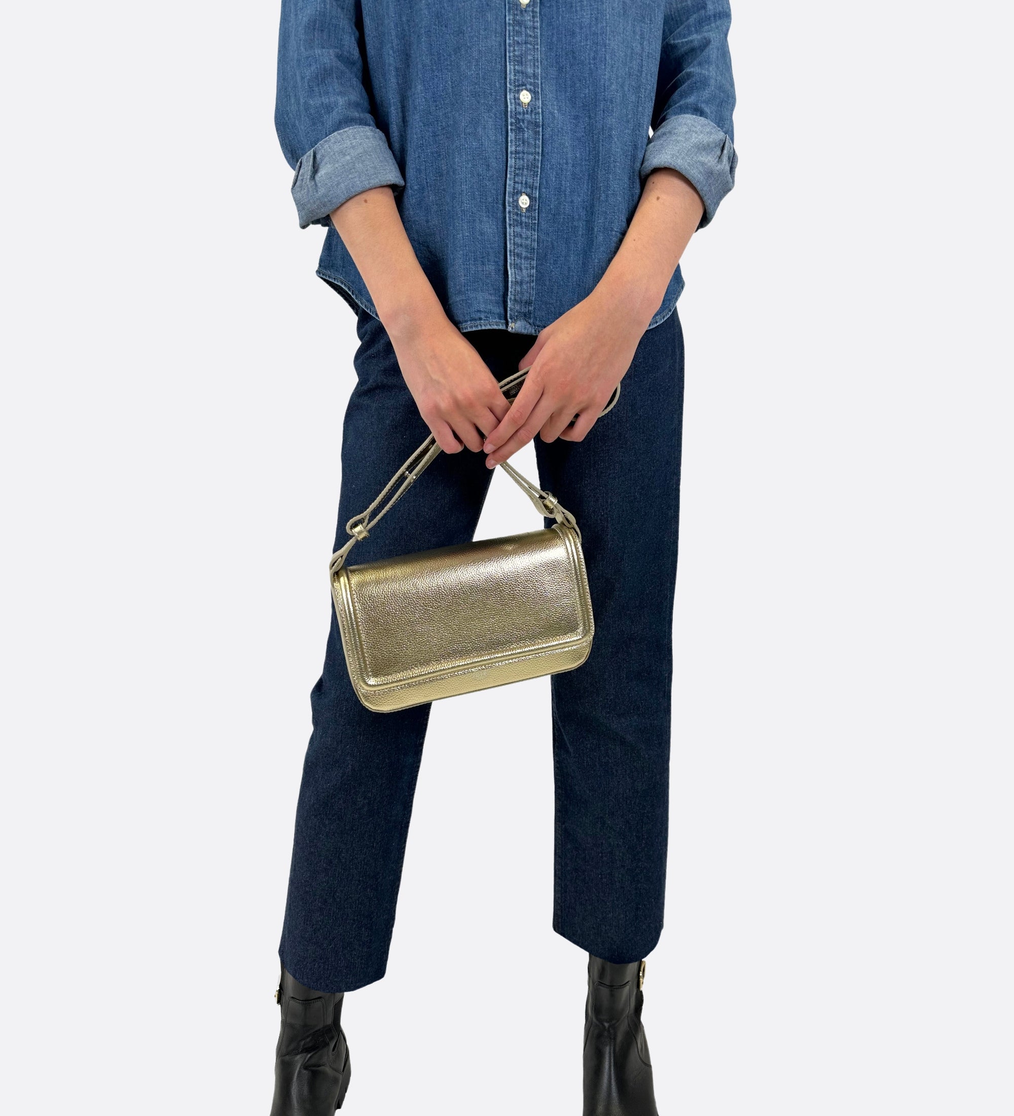 Sac Nine baguette en cuir grainé coloris champagne THYRS