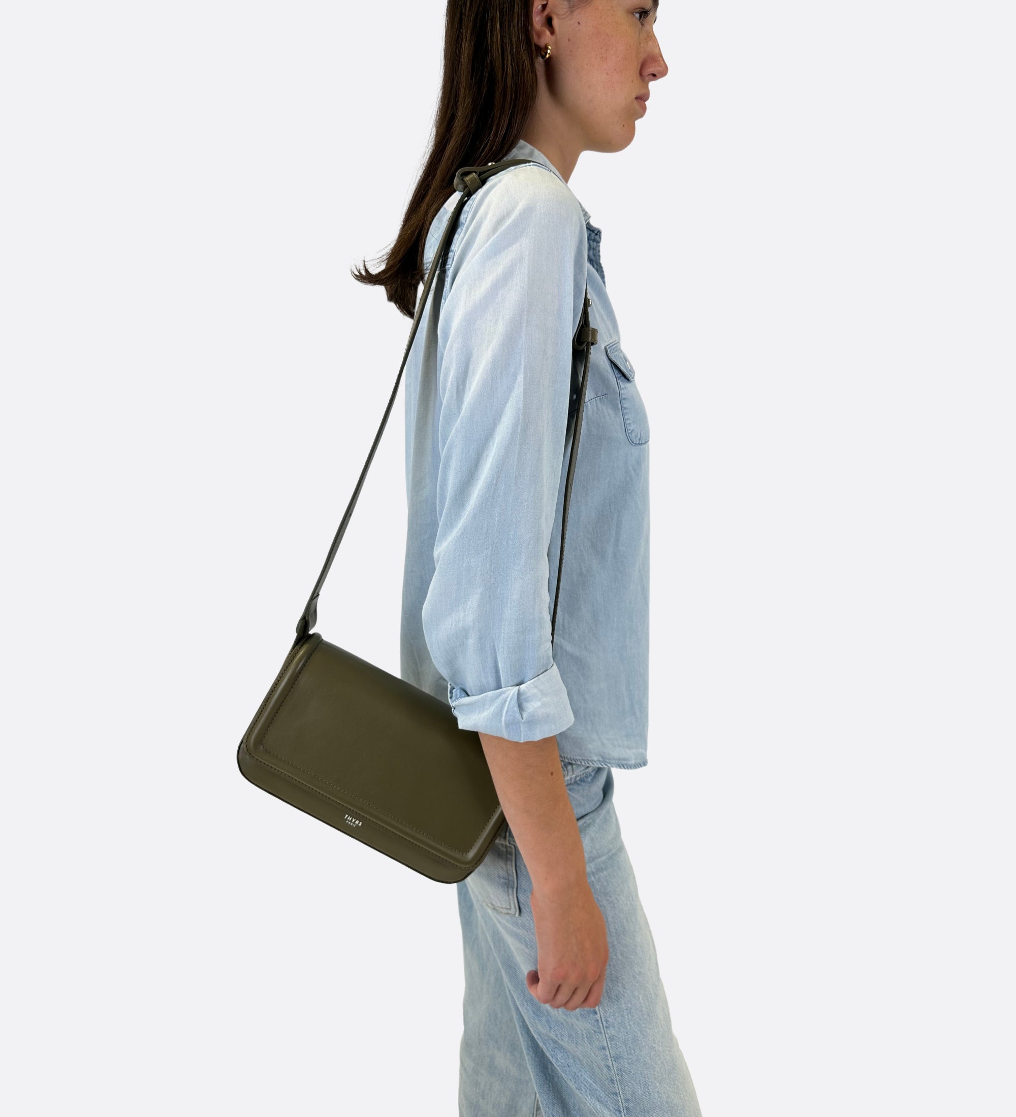 Sac Nine baguette cuir lisse vert olive, THYRS