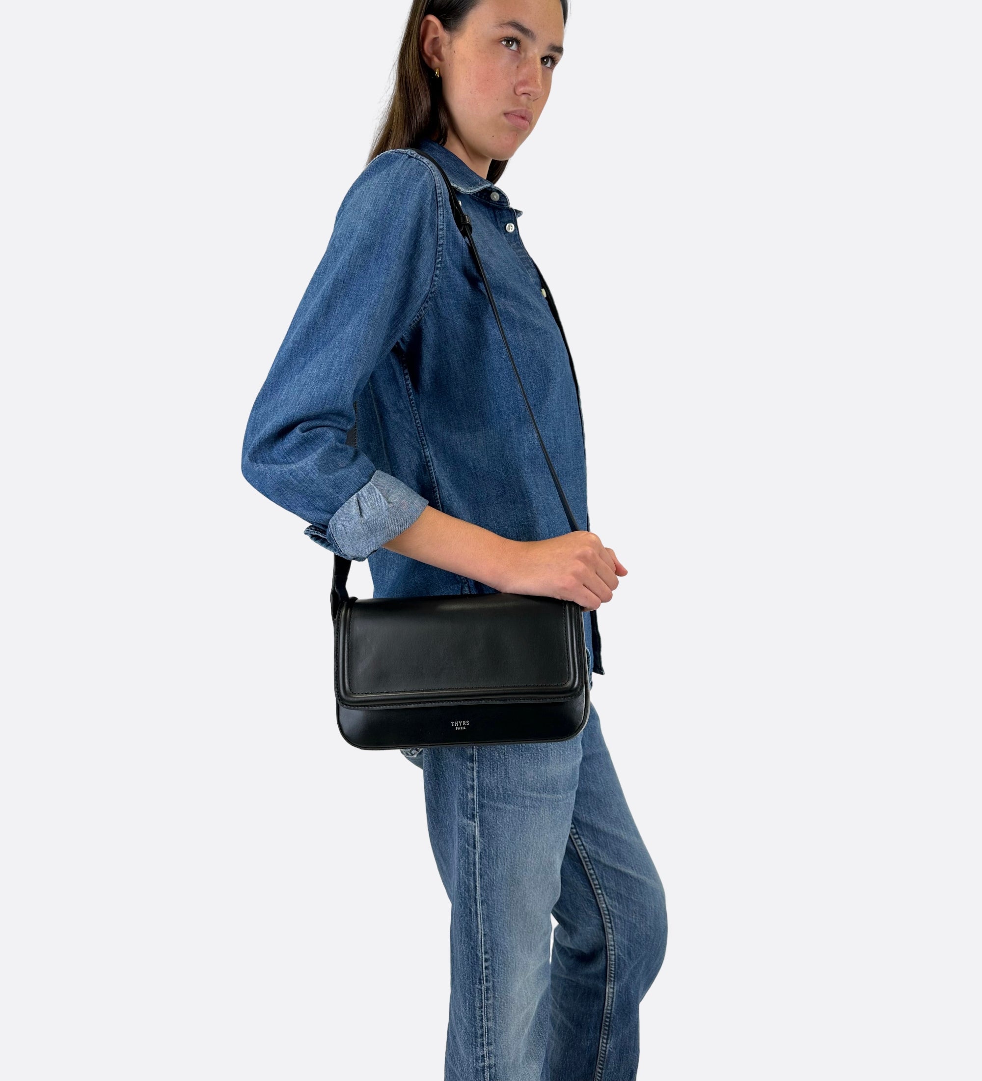 Sac Nine baguette cuir lisse noir, THYRS