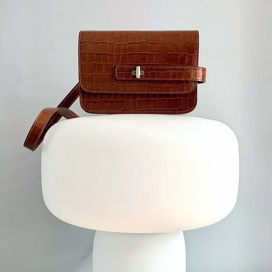 Sac Petit LALOU en cuir embossé croco noisette