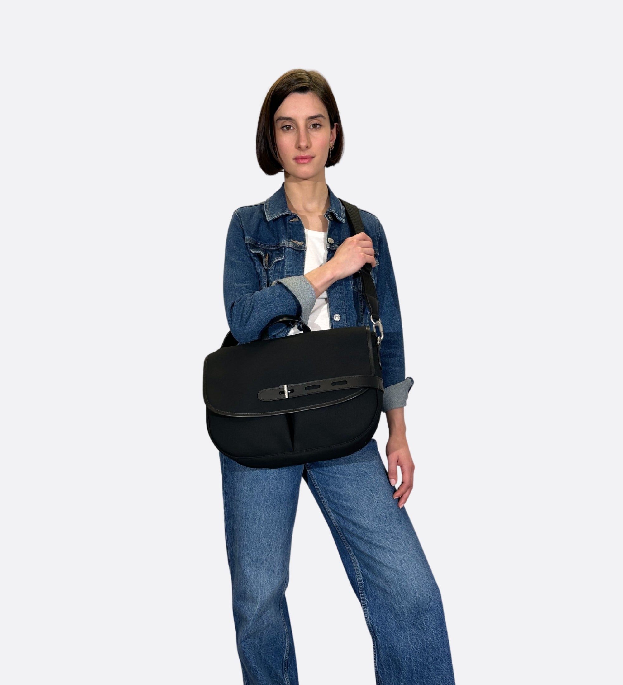 Besace double twill L, noir, fabriquée en France