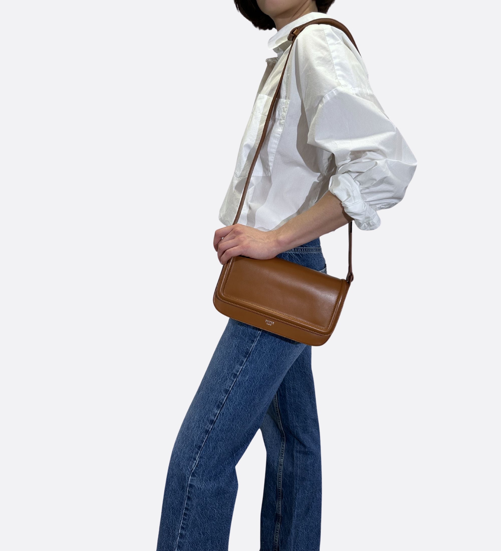 Sac Nine baguette cuir lisse caramel, THYRS