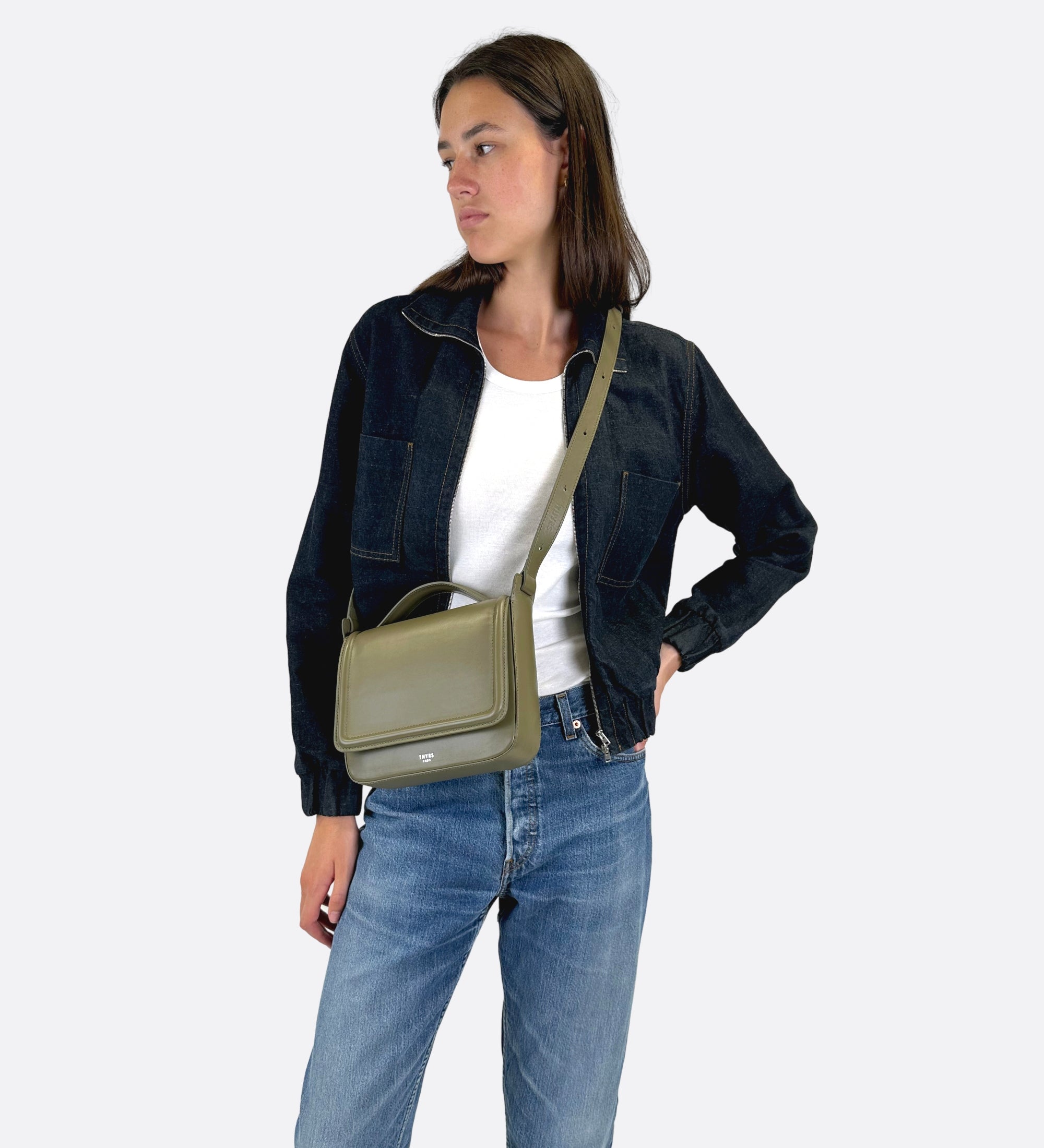 Sac Nine en cuir lisse olive, THYRS