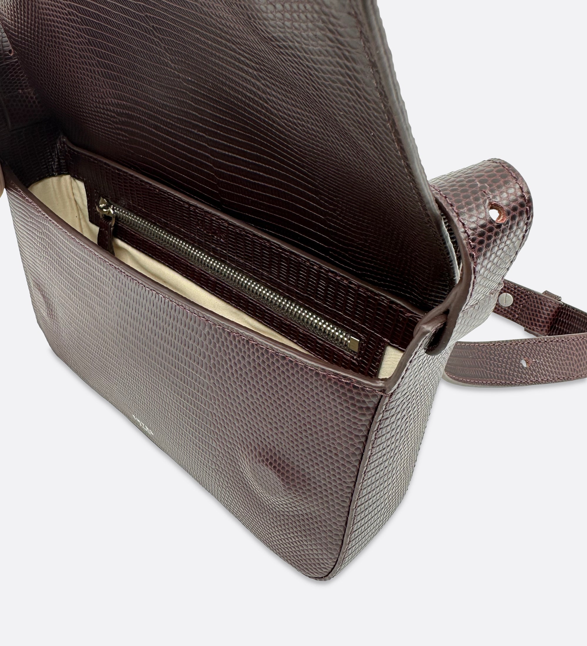 Sac Nine baguette en cuir embossé lézard coloris cassis, THYRS